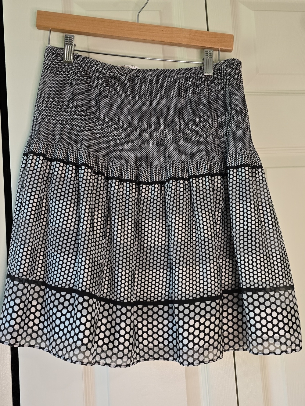 Max Studio Black and White Polka Dot Smocked Waist A-LINE Skirt